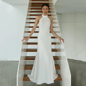 Modern Wedding Dresses Halter Sleeveless Open Back Bride Dresses Simple Elegant Bridal Dress Customized
