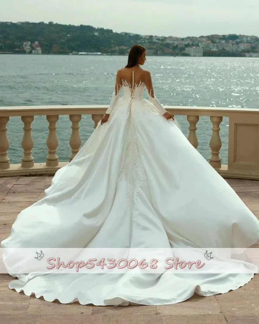 Glamorous front split pearls appliques sheer neck jewel overskirts wedding dress custom made bridal gown