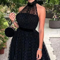 Women solid halter polka dot sleeveless A-line midi sexy party black dress detail