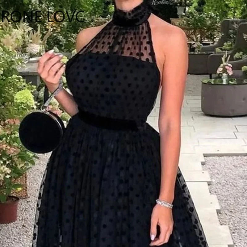 Women solid halter polka dot sleeveless A-line midi sexy party black dress detail