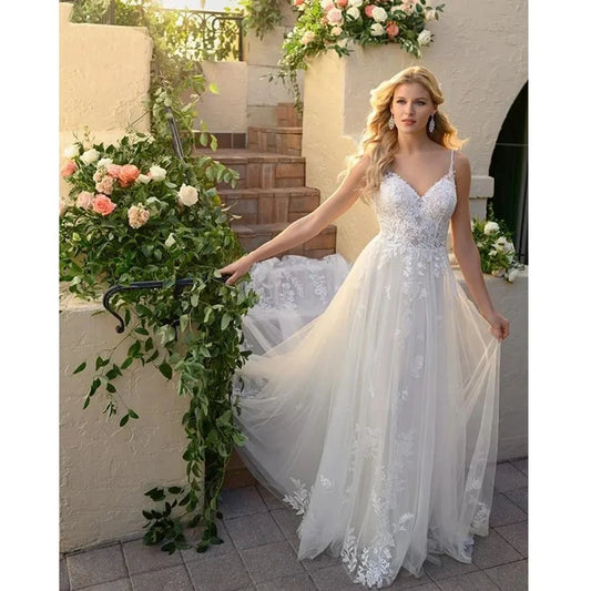 Elegant tulle applique V-neck backless lace romantic beach garden wedding dress plus size sexy robe Mary Reception bridal dress