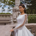 Full sleeve boat neck simple satin vintage button elegant beading A-line custom made wedding dress side view