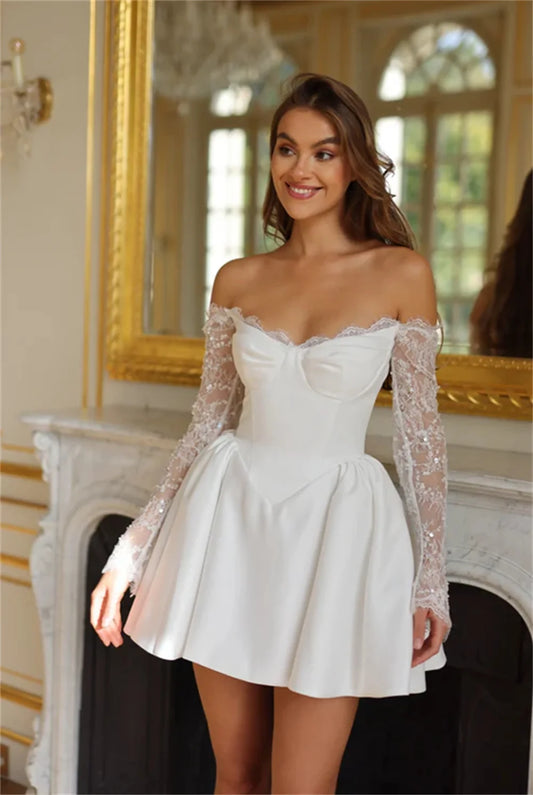 Modern Full Sleeves Lace Sweetheart Short Wedding Dresses Custom Made Bridal Grown 2025 Vestido De Noival