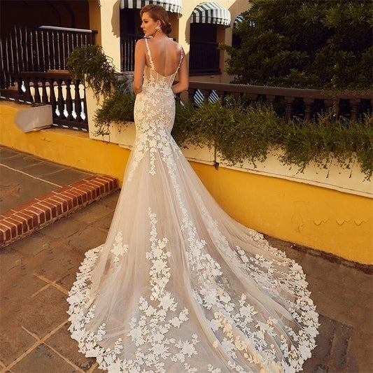 Customized Luxury Mermaid Wedding Dress Sweetheart Spaghetti Straps Vestidos De Novia Sweep Train Appliques Vestido De Noiva