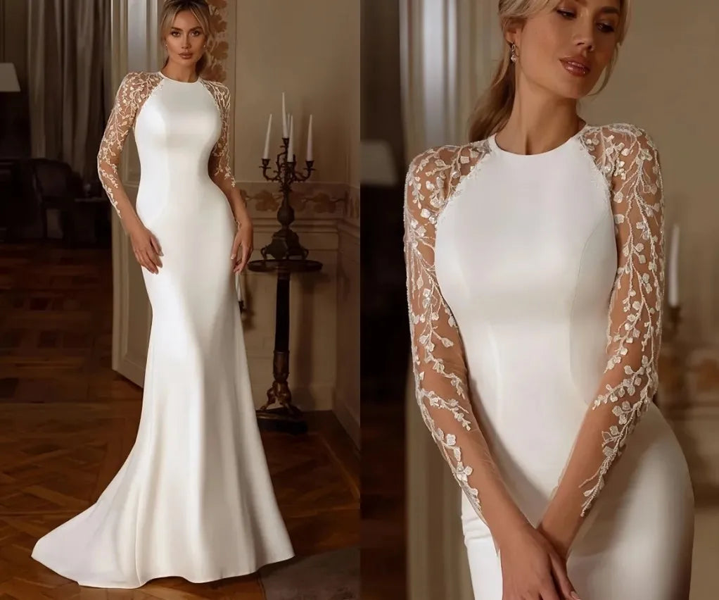 Sexy mermaid wedding dress sheer neck lace appliques illusion buttons back satin bridal gown