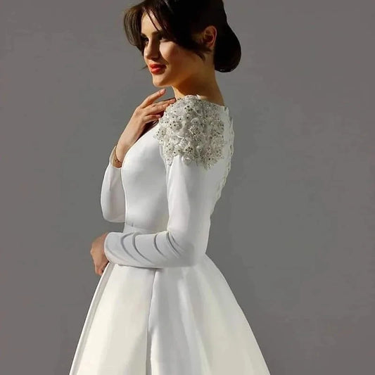 2024 Elegant Ivory Muslim Wedding Dresses Vestidos De Novia Luxury Beading Flowers Satin Simple Vintage Long Sleeve Bridal Gowns