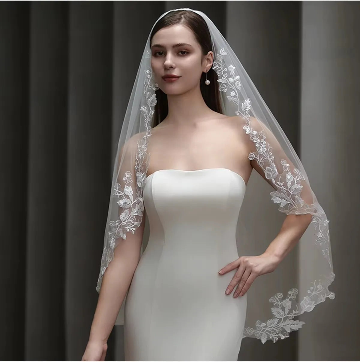 White Bridal Veil Leaf Lace Wedding Veils For - close-up