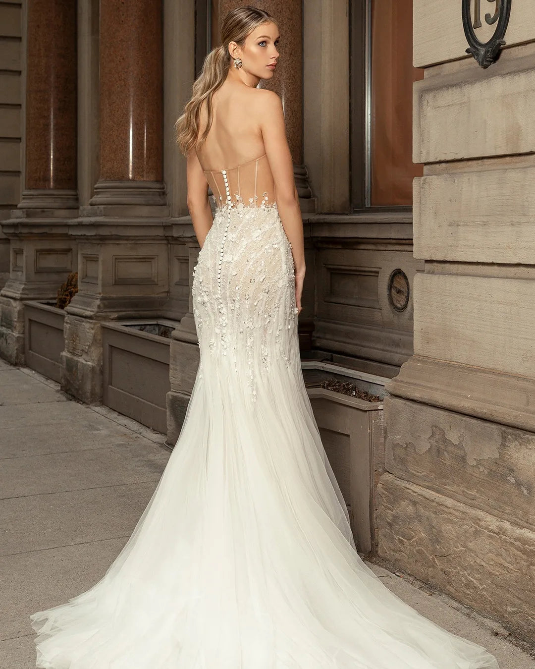Mermaid strapless detachable sleeve wedding dress – back view – Snowy Bridal
