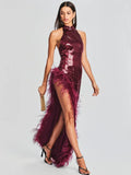 Wine red halter sleeveless feather sequin high slit backless sexy maxi long celebrity evening dress ivory