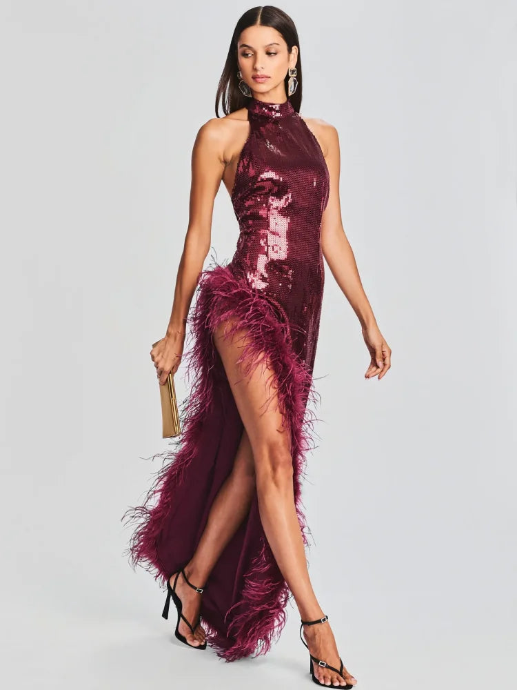 Wine red halter sleeveless feather sequin high slit backless sexy maxi long celebrity evening dress ivory