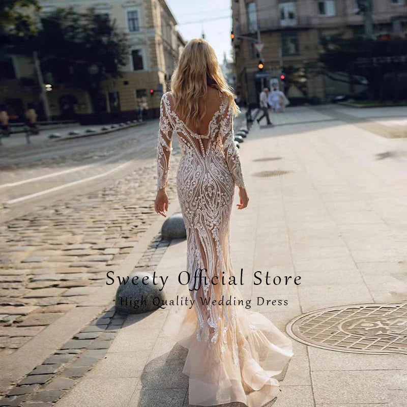 Luxurious Detachable 2 In 1 Wedding Dress Heavy Industry Bead Embroidery Train O-neck Fullsleeve Vintage Bride Gowns Back Button