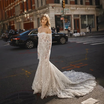 Customized Luxury Lace Sweetheart Neck Beaed Pearls Wedding Dress Mermaid Removable Sleeve Wedding Gowns Vestidos De Novia