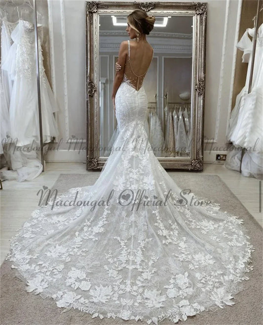 Wedding Gown For Women Lace Appliques Mermaid Sleeveless Court Train Vestido De Noiva Customized