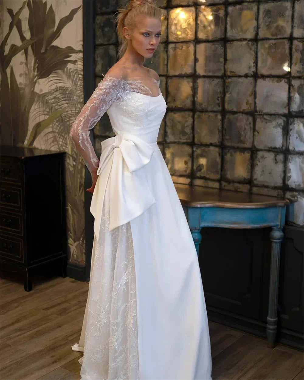 Luxury A-line wedding dress 2026 detachable sleeves sequined lace princess bridal gown