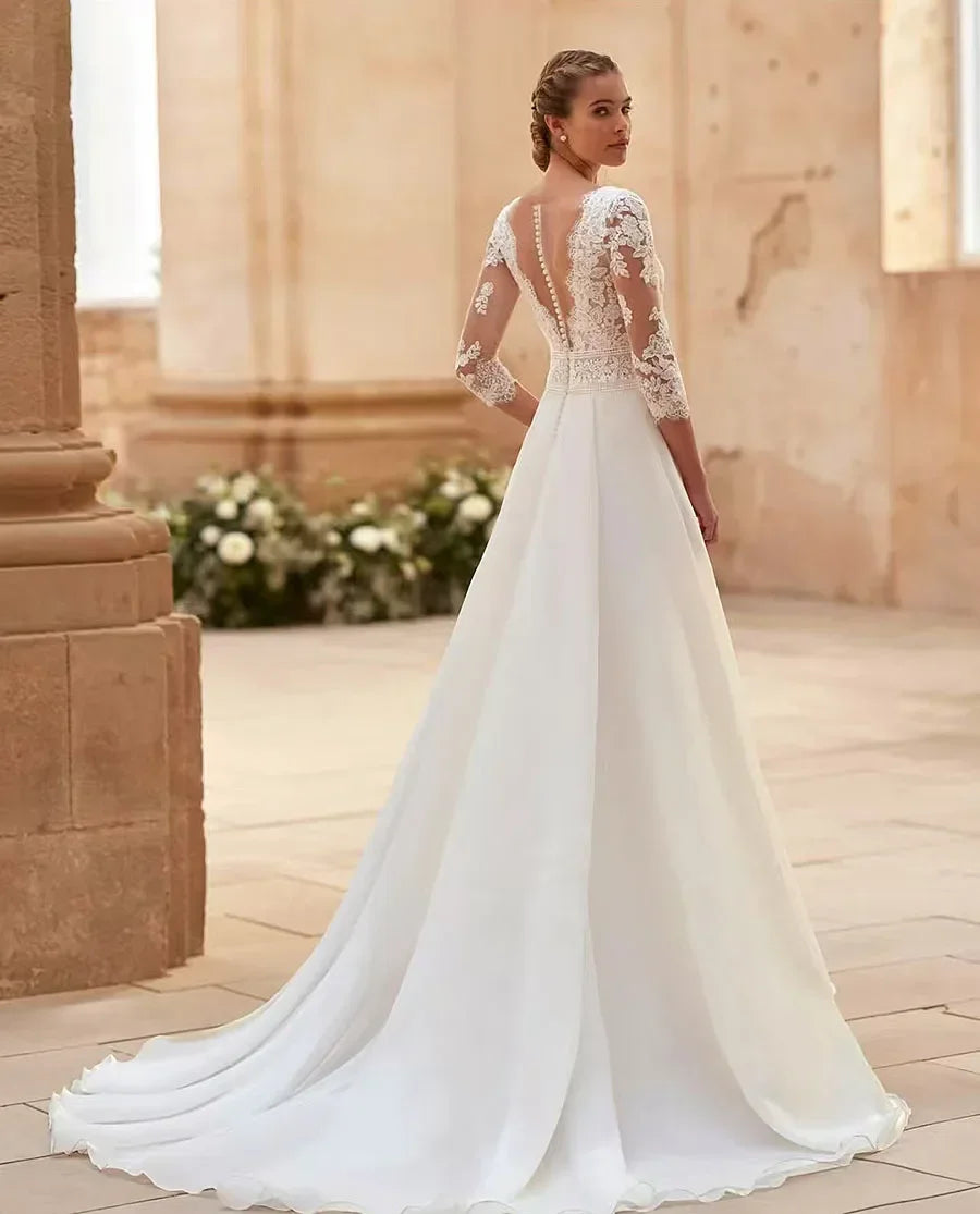Customized Elegant Women's V-Neck Wedding Dressees Lace Applique Long Sleeved Princess A-Line Bridal Gowns Vestidos De Novia