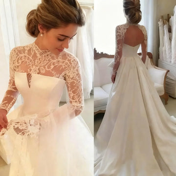 Customized 2026 Long Sleeves Wedding Dresses Sweep Train Lace Satin Open Back Elegant Bridal Gowns Plus Size Vestido De Novia