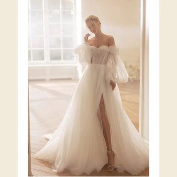 Ethereal Sweetheart A Line Wedding Dresses Off Shoulder Puff Sleeve Lace Appliques Bridal Gown Customized Side Slit Brides Dress