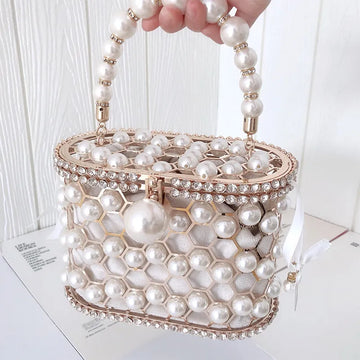 Luxury Designer Handbag Pearl Women's Handbag Purses For Women Hollow Out Wedding Clutch Bag Rhinestone Metal Evening Bags
