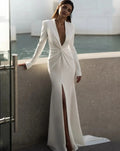 Gorgeous mermaid wedding dress 2026 deep V-neck full sleeves button slit satin bride bridal gown