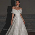 Vintage glitter off-shoulder V-neck A-line backless sparkly princess bridal gown front view