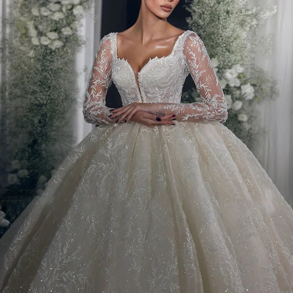 customized Luxury A Line Bridal Gowns V-Neck Long Sleeve Sequins Lace Wedding Dress High Quality Princess Bride Dresses