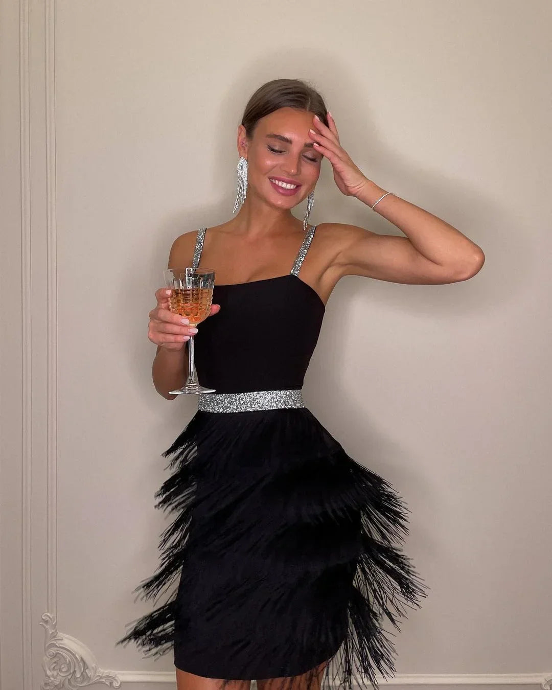 Celebrity evening club sleeveless spaghetti strap tassel sexy mini bandage summer party dress back view