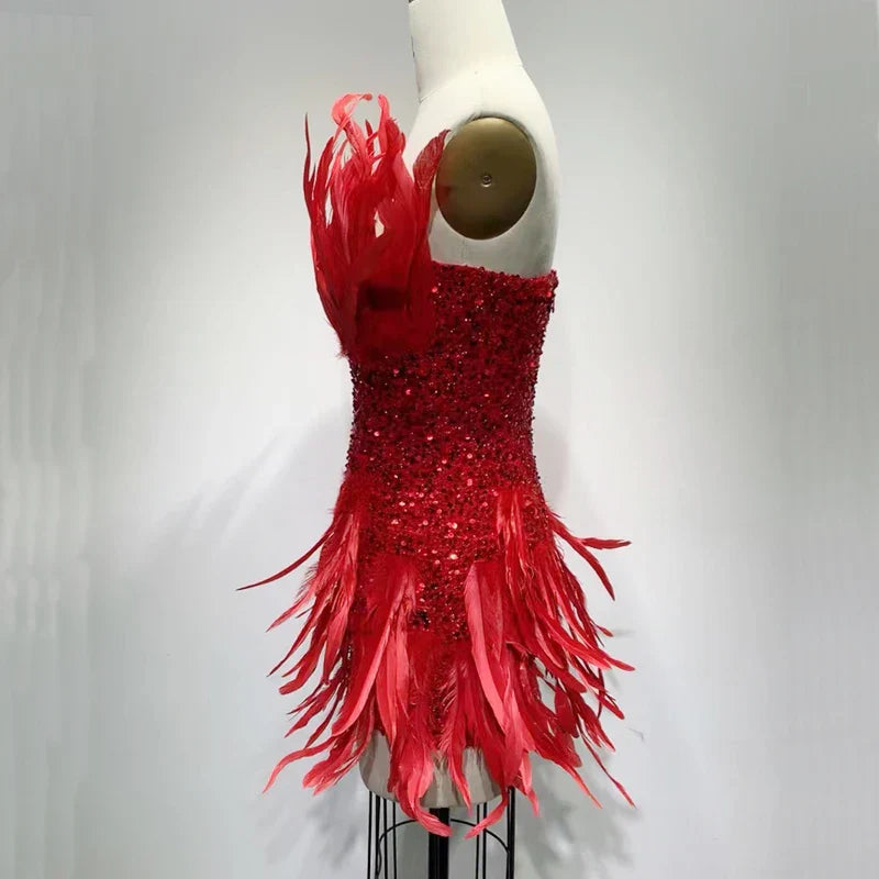Factory Wholesale Women's Red Feather Strapless High-End Luxury Mini Sexy Boutique Celebrity Cocktail Party Dress