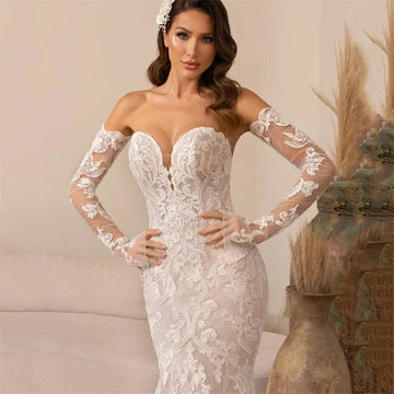 Luxury mermaid open back lace sweetheart long sleeve court train bridal gown front view