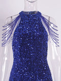 Stretch halter sequin beading off shoulder O-neck floor length elegant evening night dress close-up
