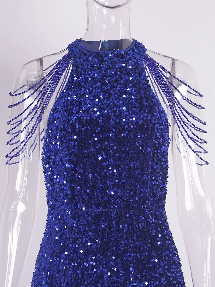 Stretch halter sequin beading off shoulder O-neck floor length elegant evening night dress close-up