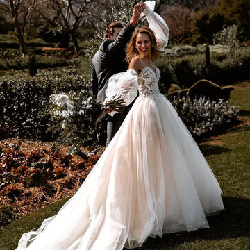 Boho Wedding Dresses Puff Sleeves Customized Tulle Off Shoulder Lace Appliques Bohemia Bridal Dress Princess Brides Gown