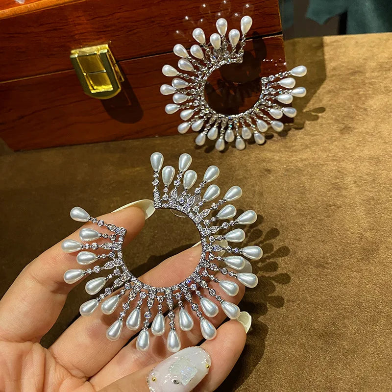 High Quality Zircon Bridal Earrings Big Pearl Zirconia - side view