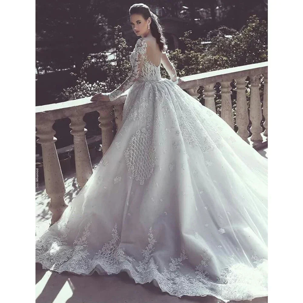 Detachable lace applique long sleeve sweetheart backless mermaid princess bridal gown front view