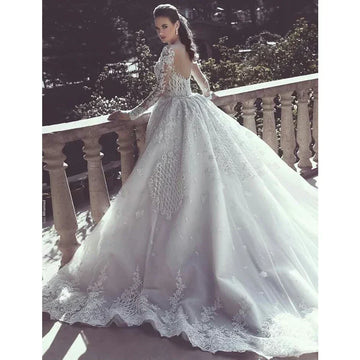 Detachable lace applique long sleeve sweetheart backless mermaid princess bridal gown front view