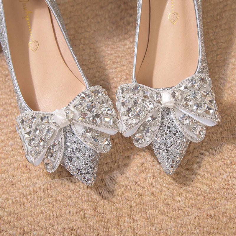 Silver High Heels Shoes Pumps Womens Wedding Shoes Bride Heels Shoes Luxury Bow Pointed High Heels Zapatos Mujer