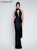 Elegant sexy deep V-neck satin sleeveless backless long bandage maxi dress women detail