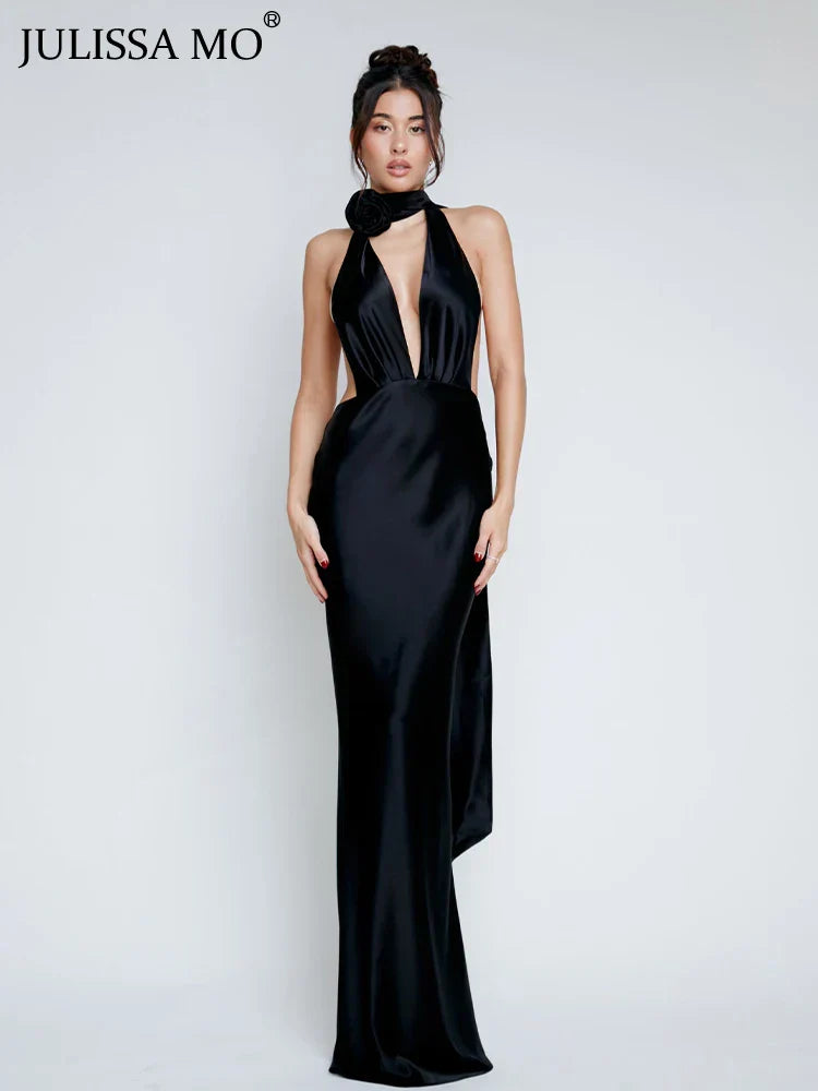 Elegant sexy deep V-neck satin sleeveless backless long bandage maxi dress women detail