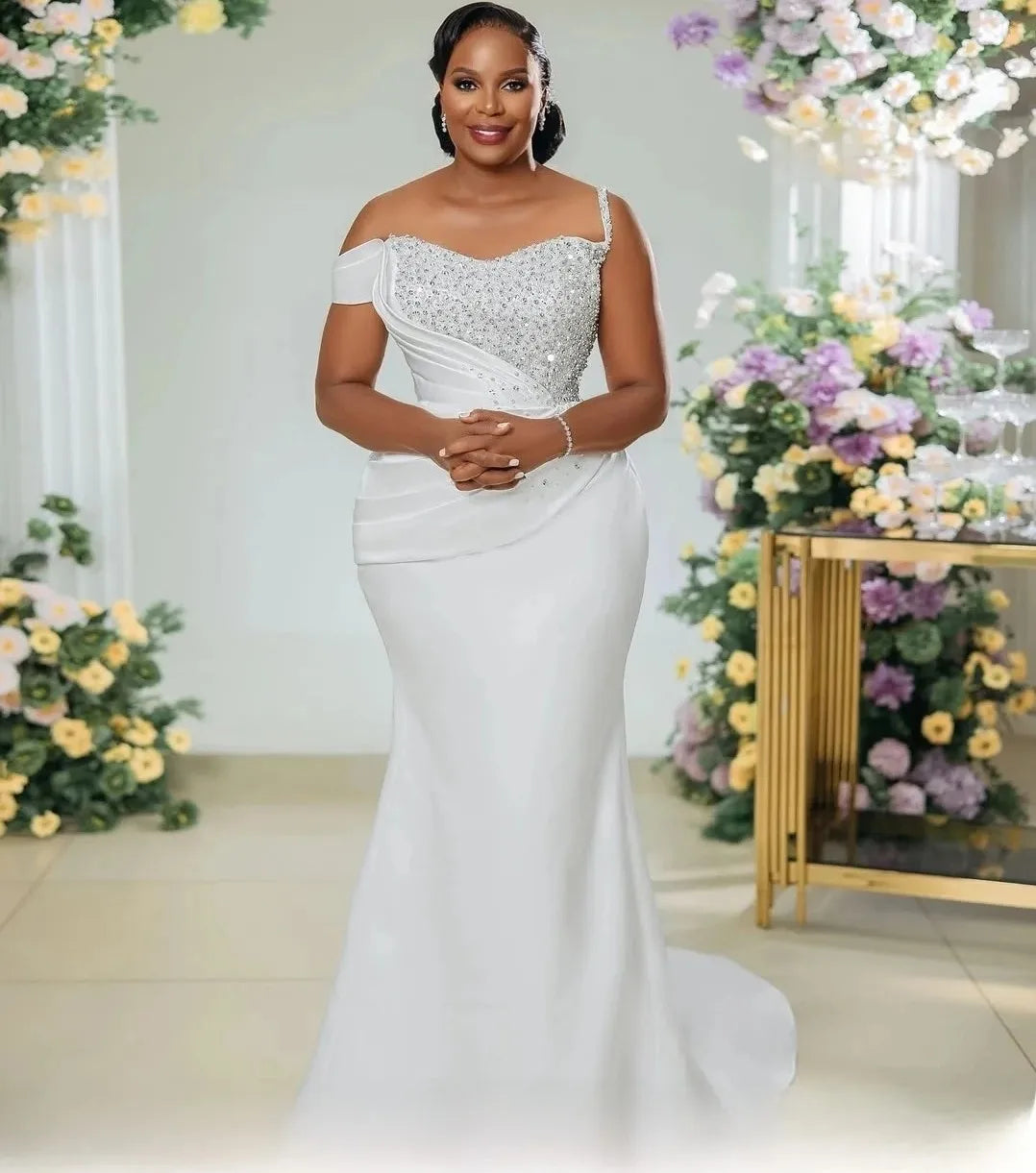 New Arabic Dubai mermaid wedding dress sparkly one shoulder pleats satin beads crystals bridal gown