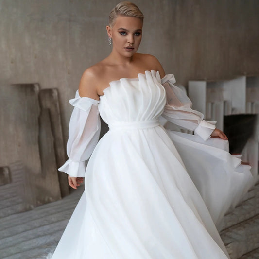 Scalloped Layered Strapless Organza Wedding Dress Oversized Off Shoulder Long Bishop Sleeves Simple Customized Bridal Gowns