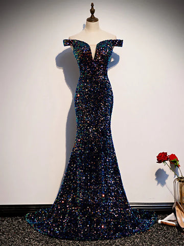 Elegant Evening Dresses for Women Luxury Shiny Party Long Gown  Sequins Even Robe Femme Wedding Off Shoulder Formal Vestido