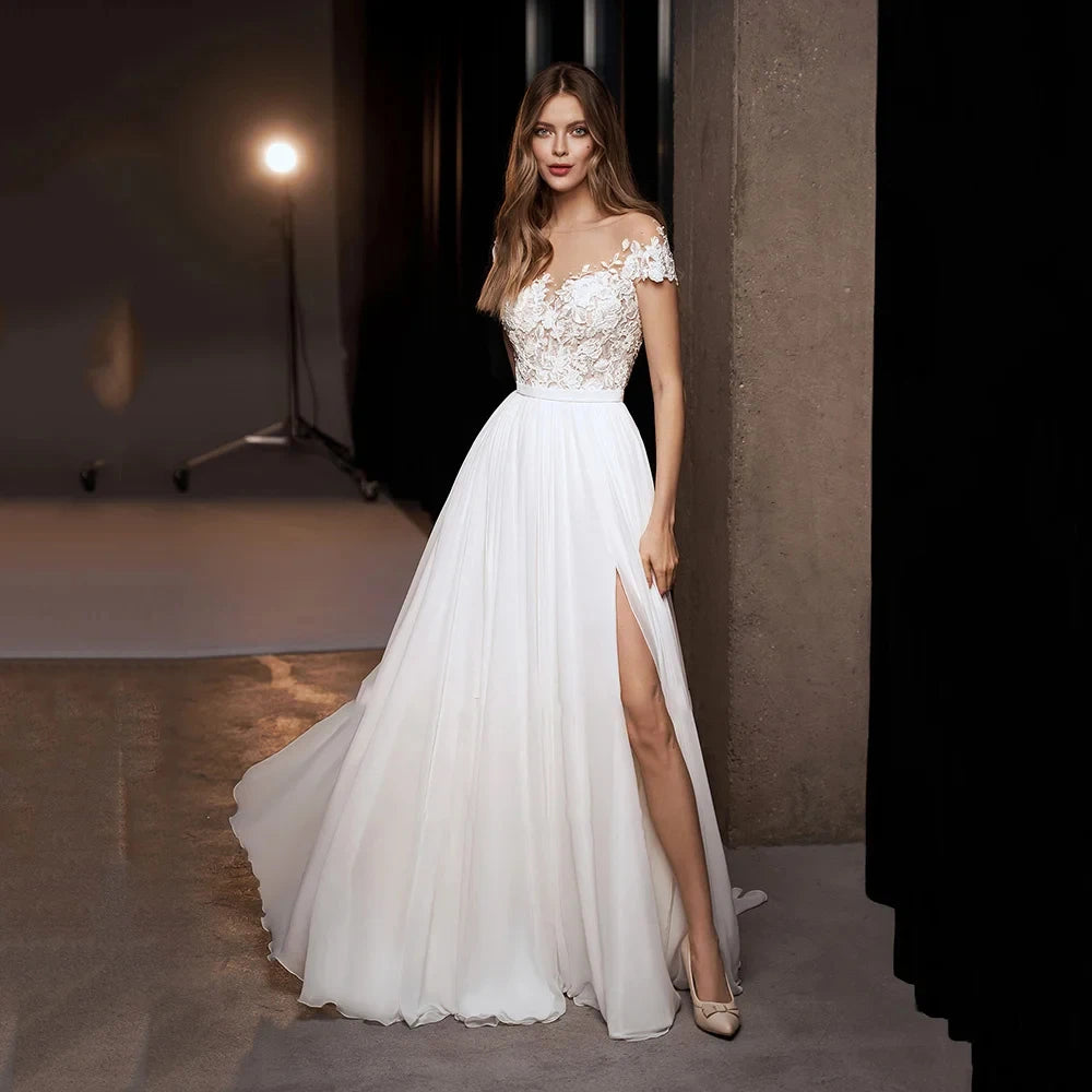 Customized Vintage Beach Wedding Dress Appliques Illusion V Neck Cap Sleeve High Slit Bride Gowns Chiffon Vestidos De Novia