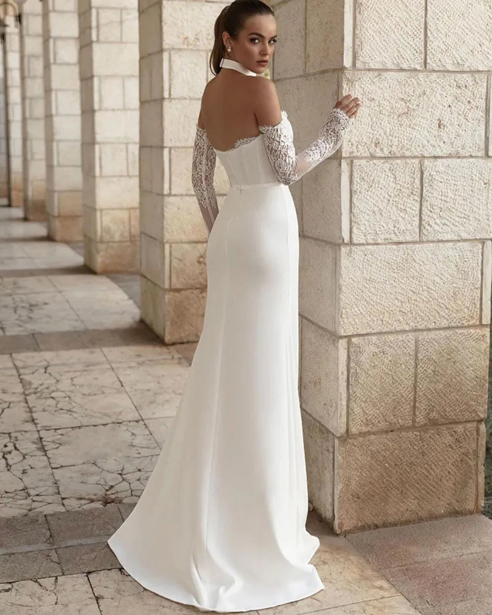 Vintage mermaid sweetheart satin corset detachable lace sleeves bridal gown front view