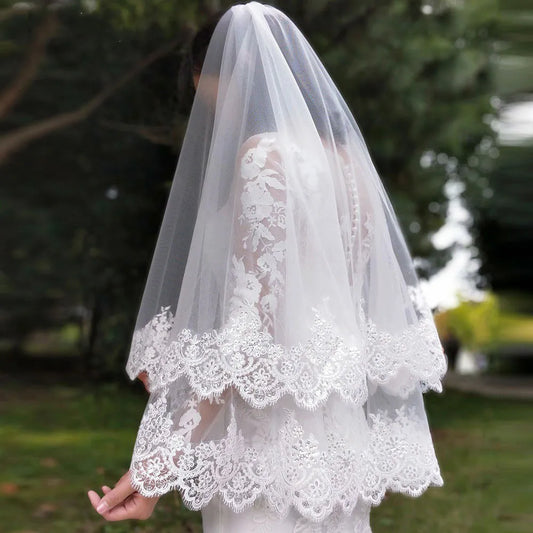 Customized Short Two Layers Sequins Lace Edge Wedding Veils