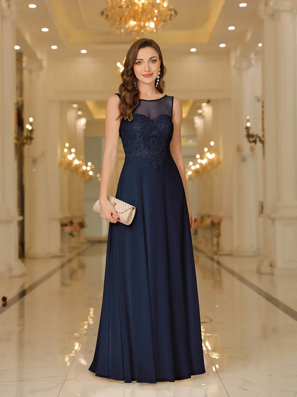Evening Dress Illusion Net Sleeveless Bodice Lace Appliqued Jewels Zipper Back Full Length A-line Skirt Party Gown