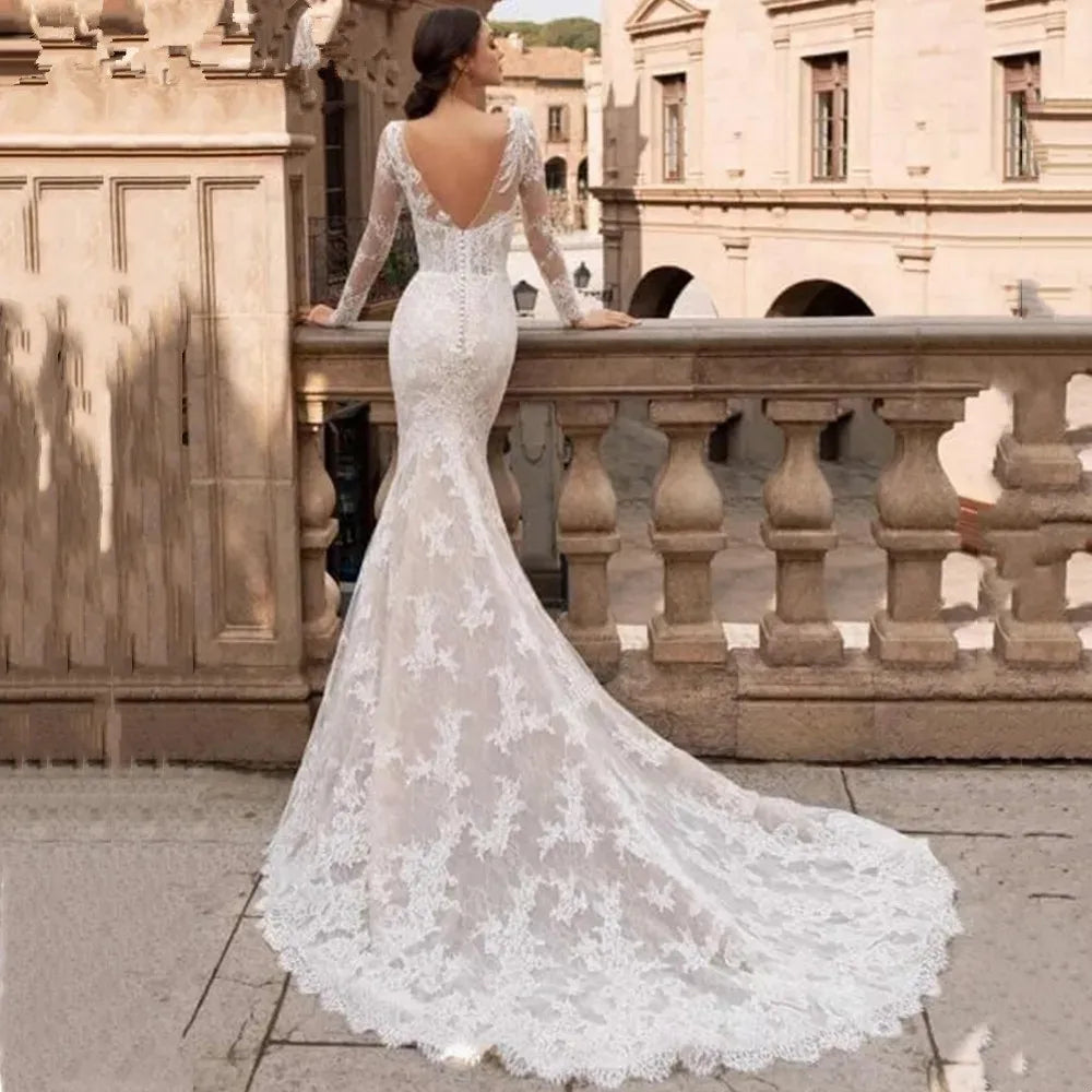 Exquisite long sleeve lace mermaid backless sweep train size chart