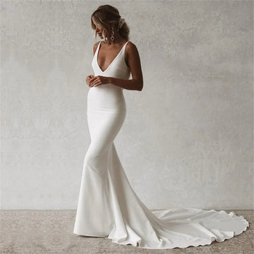 Elegant Mermaid Wedding Dresses Women V-Neck Open Back Spaghetti Straps Buttons Satin Bridal Gown Sweep Train Customized