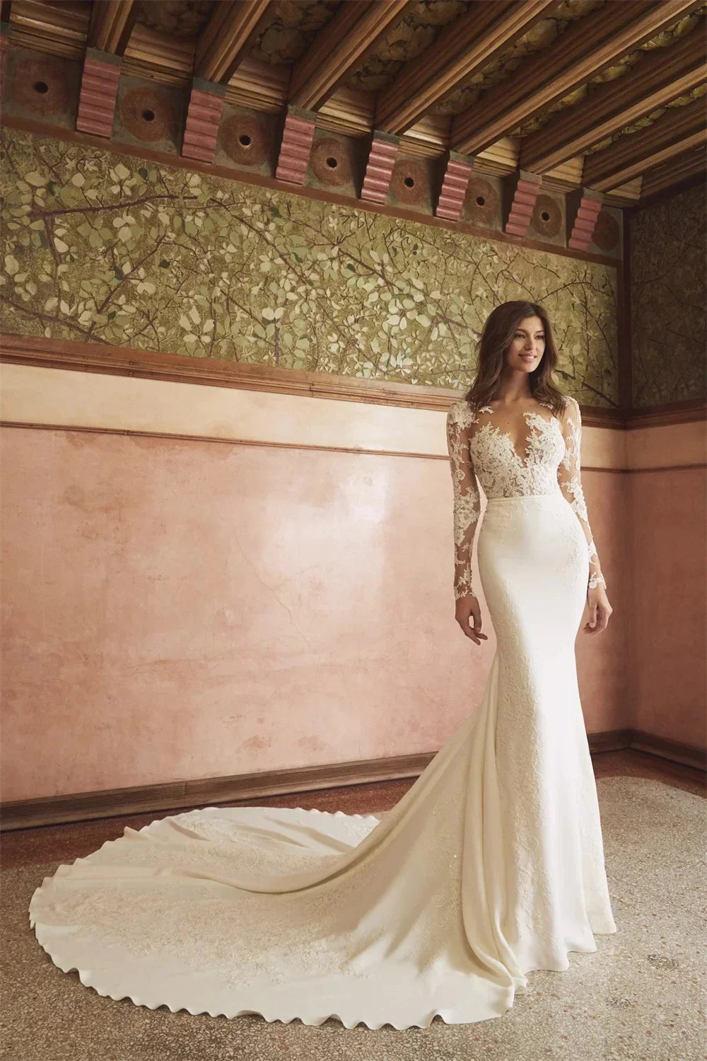 O-neck lace appliques illusion buttons back 2026 sexy mermaid wedding dress bridal gown ivory