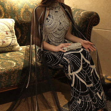 Luxury Dubai Black Evening Dresses with Cape Sleeves Fuchsia Blue Pink Elegant Arabic Women Wedding Party Gown SS209