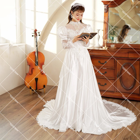 Retro Long Juliet Sleeves High Collar Wedding Dress Customized Heavily Beaded Satin Real Photos Victorian Vintage Bridal Gowns