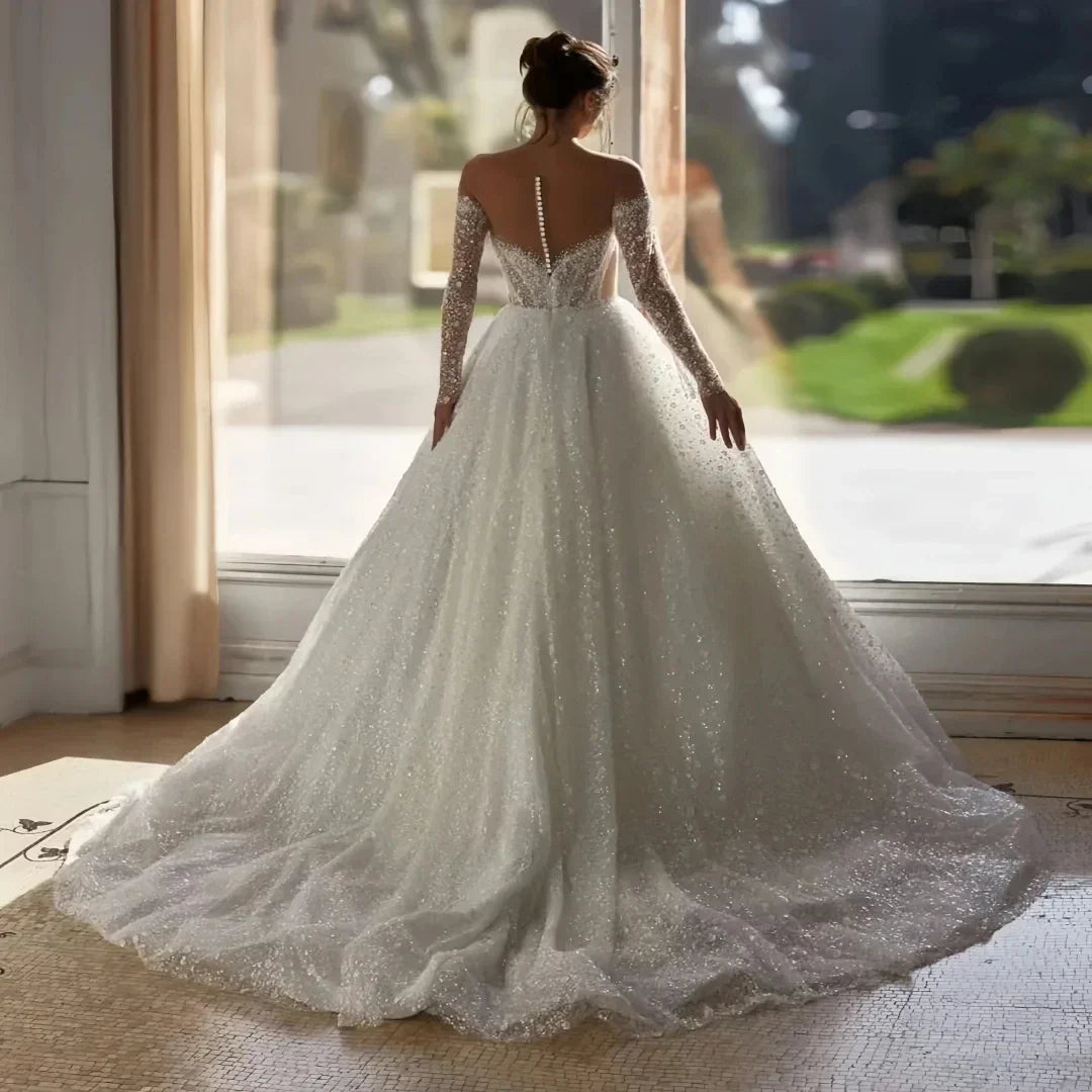 2026 Beads Sequined Wedding Dress Sheer Neck Long Sleeves Pearls A-line Bridal Gown Fashion Robe De Mariage for Bride